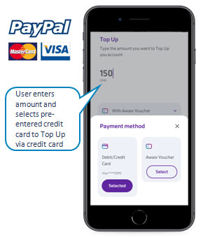 Pay via mastercard and visa or paypal on mobile telecom app