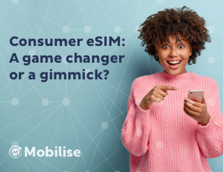 A woman in a pink sweater holding a smartphone in one hand and pointing at it with the finger of the other hand, blu, nodal background, text reading: consumer eSIM, A game changer or a gimmick?, Mobilise logo