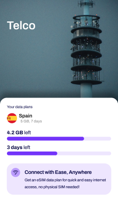 remaining days and gb in esim data in spain in esim platform example dashboard for Telco