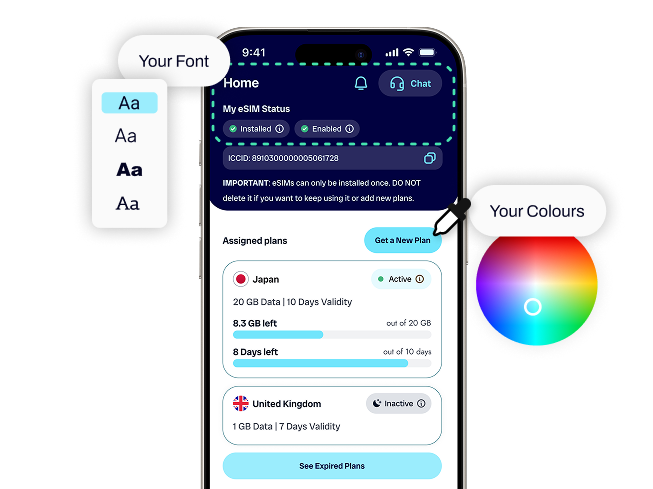 Instant esim activation example dashboard